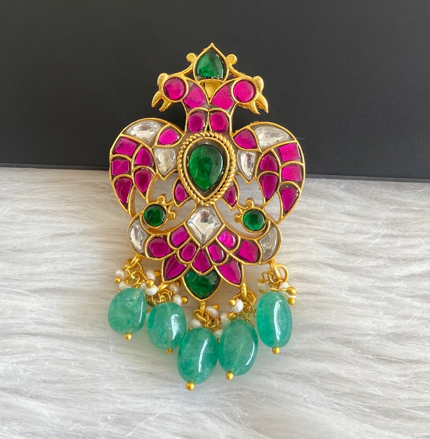 Gold tone pink-green-white kundan jadau ganda berunda small green bead pendant dj-50661