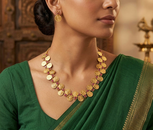 Gold tone pink stone lakshmi coin necklace set dj-54142
