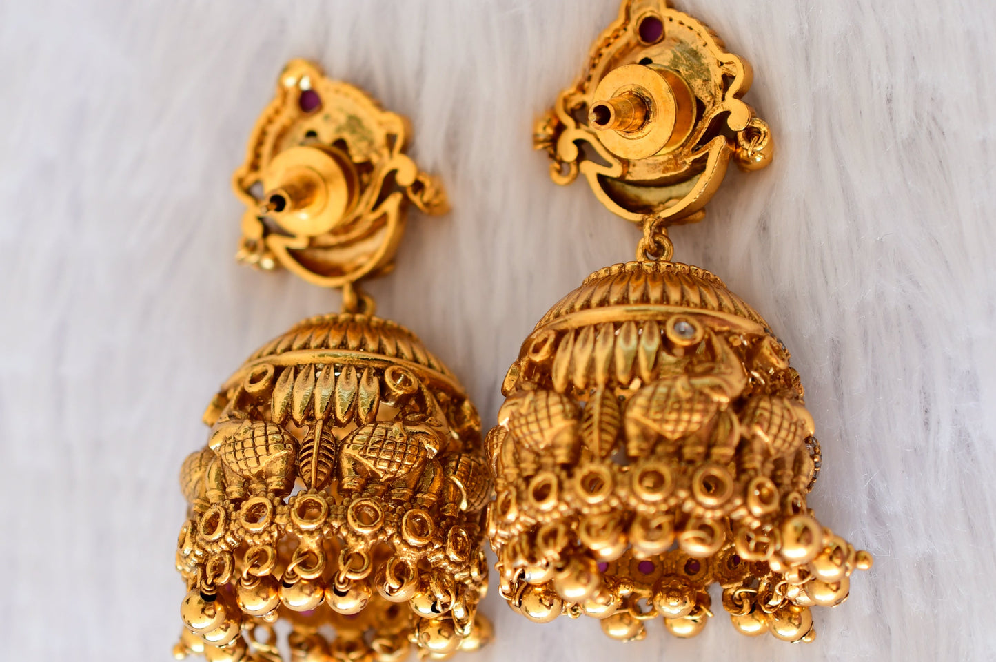 Antique gold tone kemp-green-white elephant jhumkka dj-52983