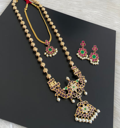 Gold tone precious kemp-green-white pearl peacock nakshi beaded combo set dj-54943