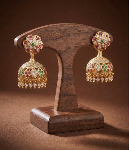 Gold tone south indian style AD pink-green-white jhumkka dj-50497