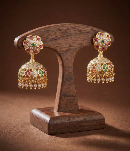Gold tone south indian style AD pink-green-white jhumkka dj-50497