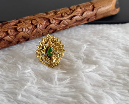 Antique gold tone cz green peacock adjustable finger ring dj-51400