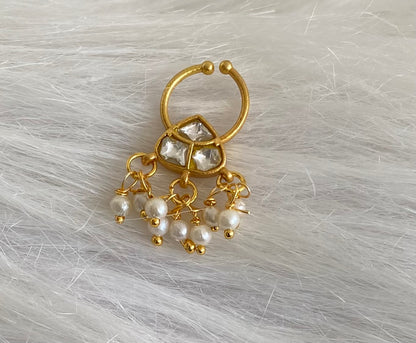 Gold tone kundan jadau white stone pearl nose pin/bulakku dj-53799