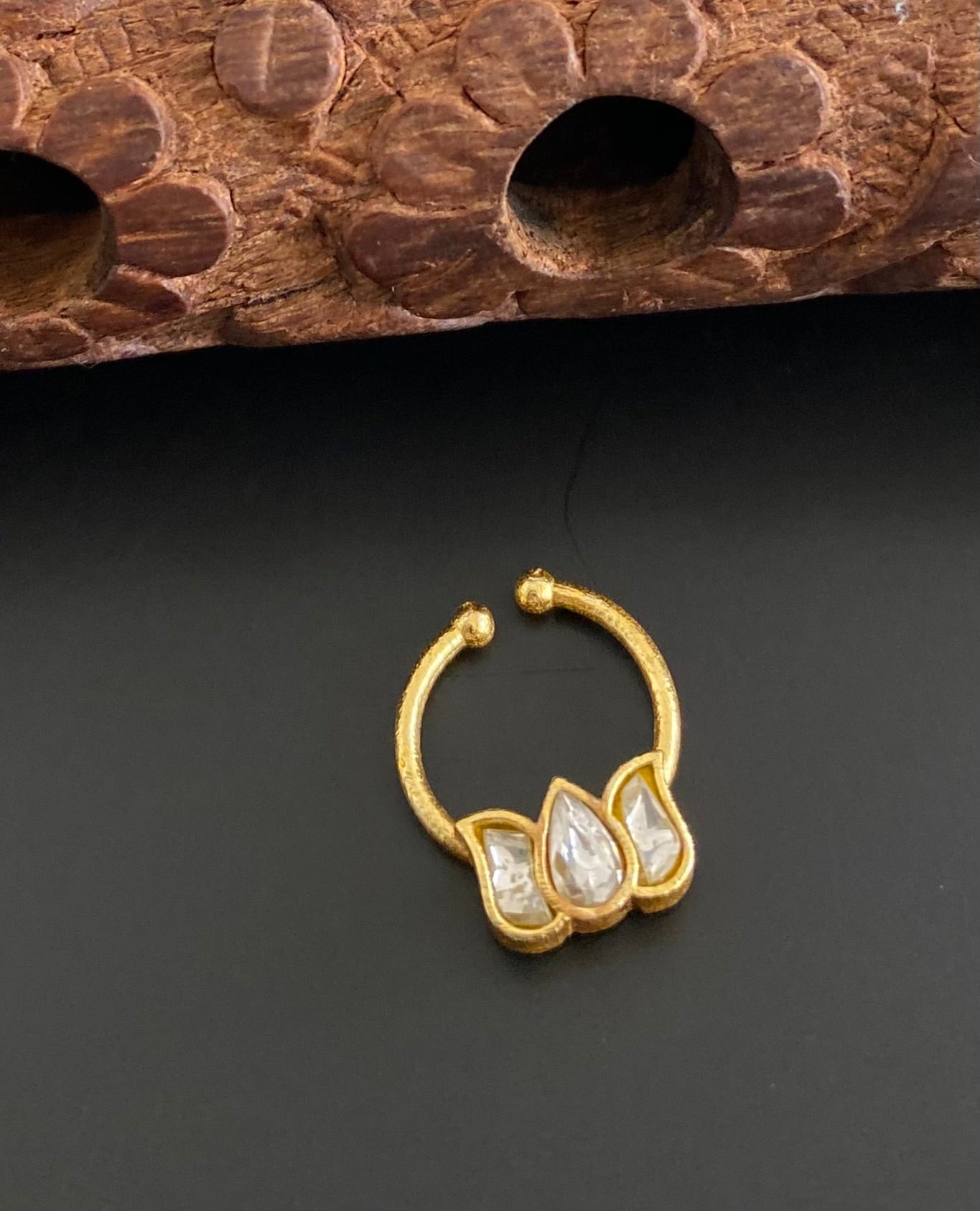 Gold tone kundan jadau white stone lotus nose pin/bulakku dj-53755