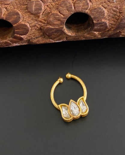 Gold tone kundan jadau white stone lotus nose pin/bulakku dj-53755