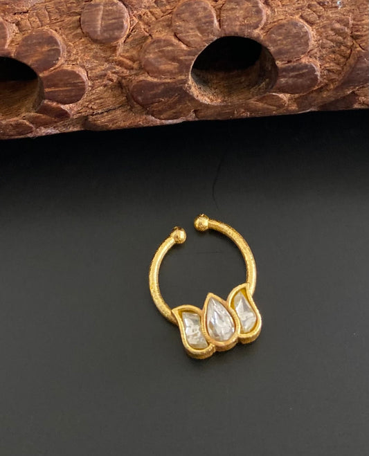 Gold tone kundan jadau white stone lotus nose pin/bulakku dj-53755