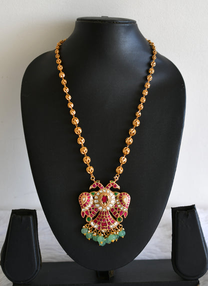 Gold tone pink-green kundan jadau Gandaberunda reversible necklace dj-52597