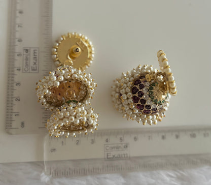 Gold tone precious kemp-green-white stone pearl big step jhumkka dj-51394