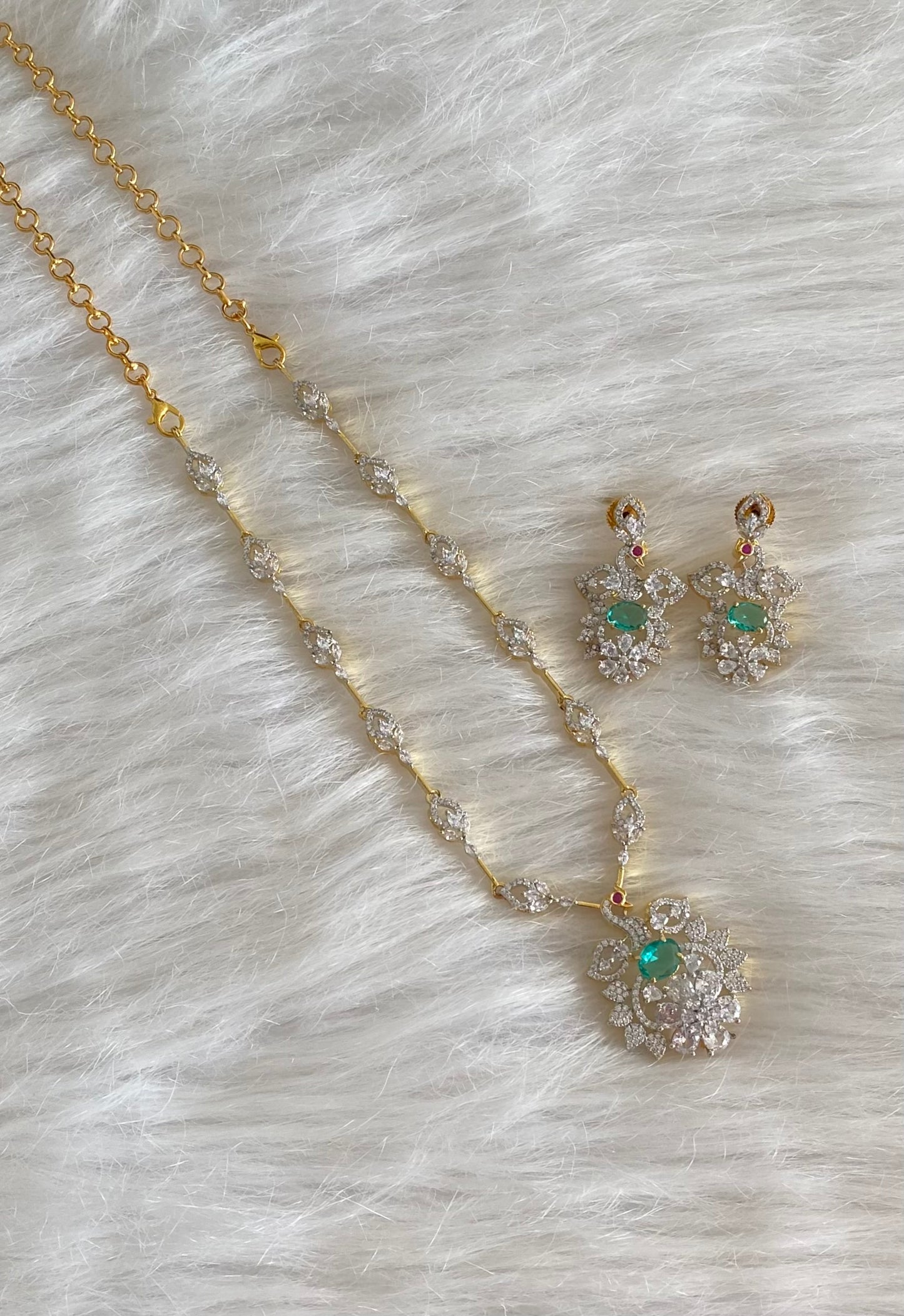Two tone cz white green peacock necklace set dj-54459