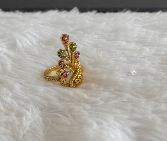 Antique gold tone kemp-green peacock adjustable finger ring dj-51402