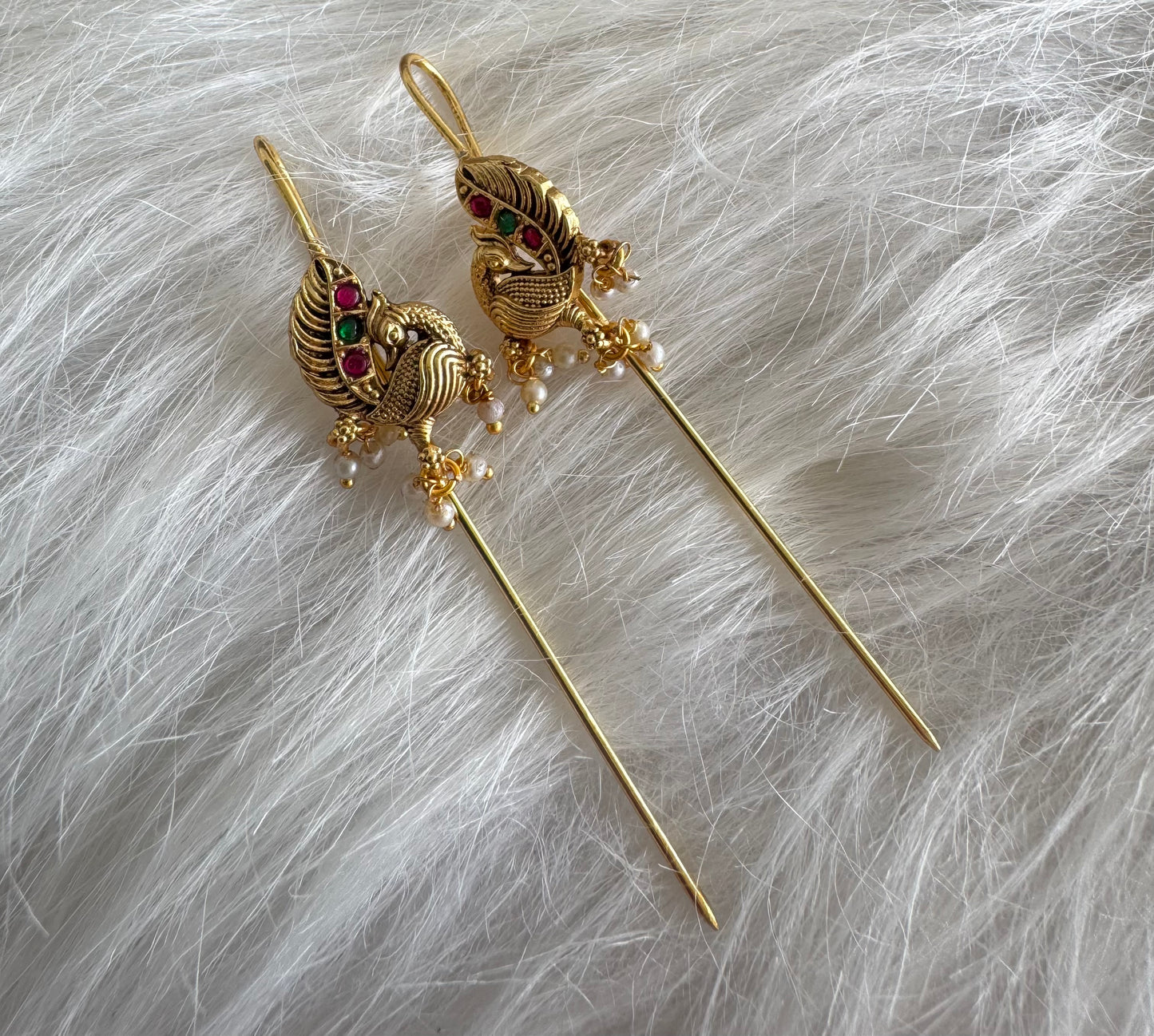 Gold tone pink-green kundan jadau peacock bugadi needle earrings dj-51142