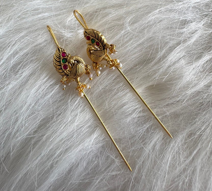 Gold tone pink-green kundan jadau peacock bugadi needle earrings dj-51142