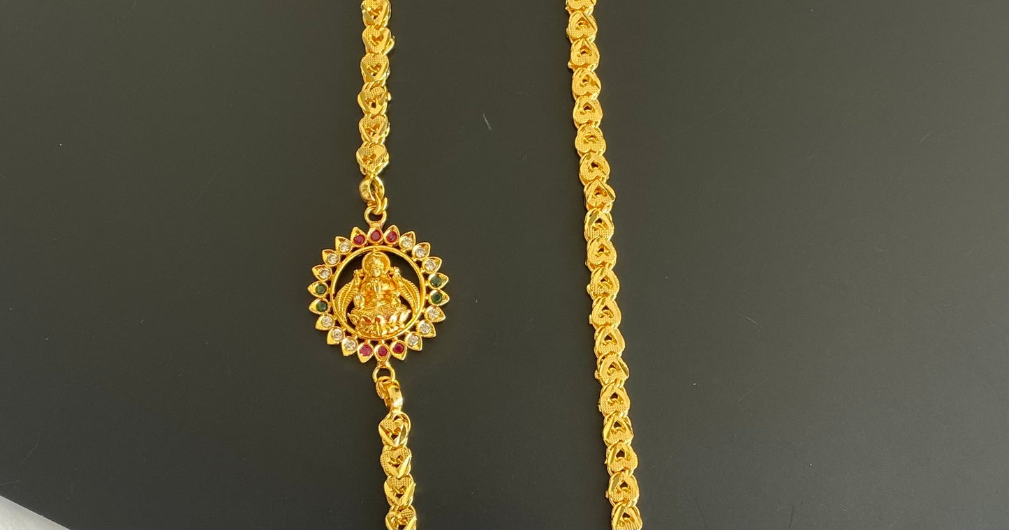 Gold tone white-green-pink stone lakshmi Mugappu chain dj-53108