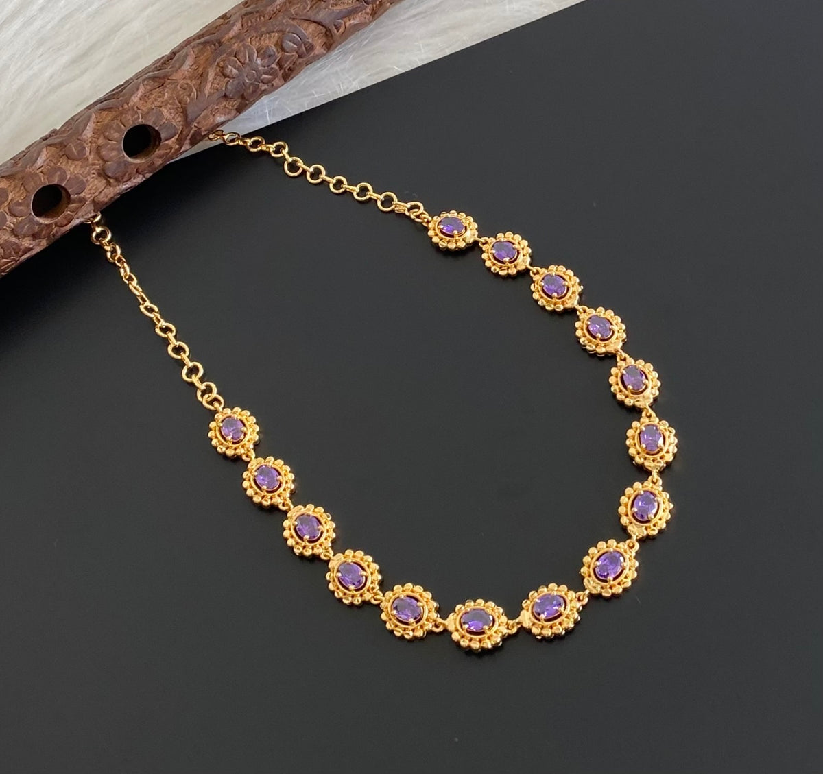 Gold tone purple stone necklace dj-54917