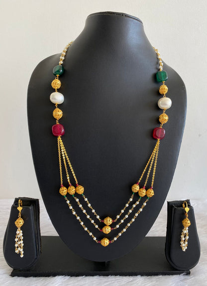 Matte finish ruby-green onyx pearl beaded multilayer necklace set DJ20952