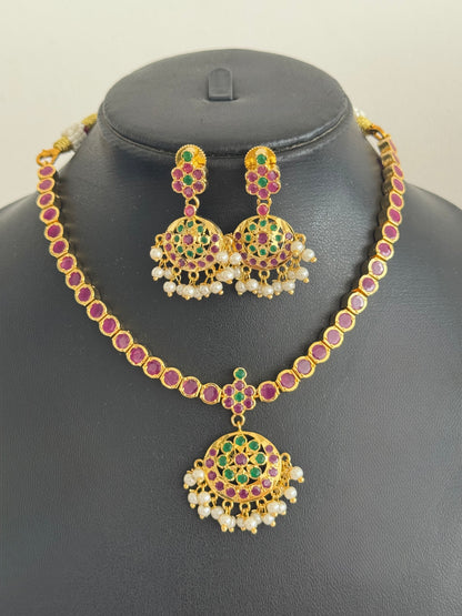 Gold tone AD ruby-green south indian style attigai/necklace set dj-51669
