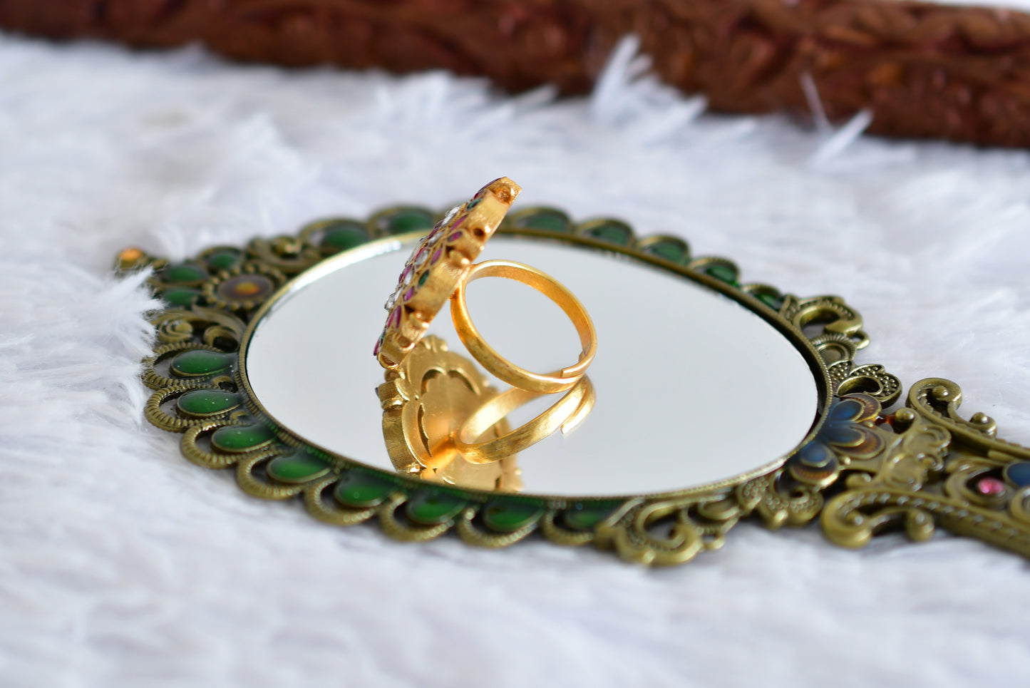 Gold tone pink-green-pearl kundan jadau flower finger ring dj-52369