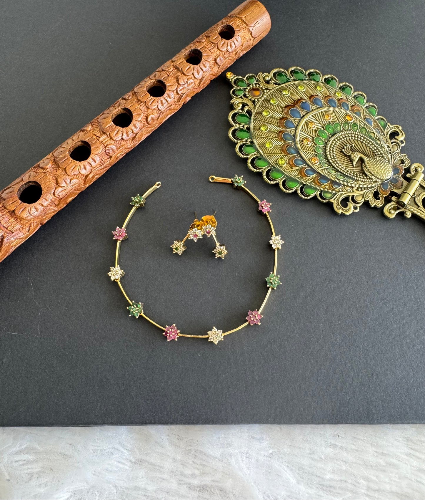 Antique gold tone cz pink-green-white flower necklace set dj-52122