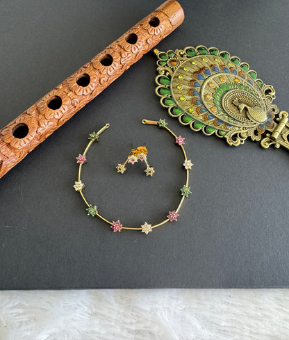 Antique gold tone cz pink-green-white flower necklace set dj-52122