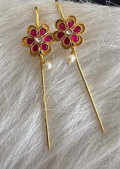 Gold tone pink-white kundan jadau flower bugadi earrings dj-51143