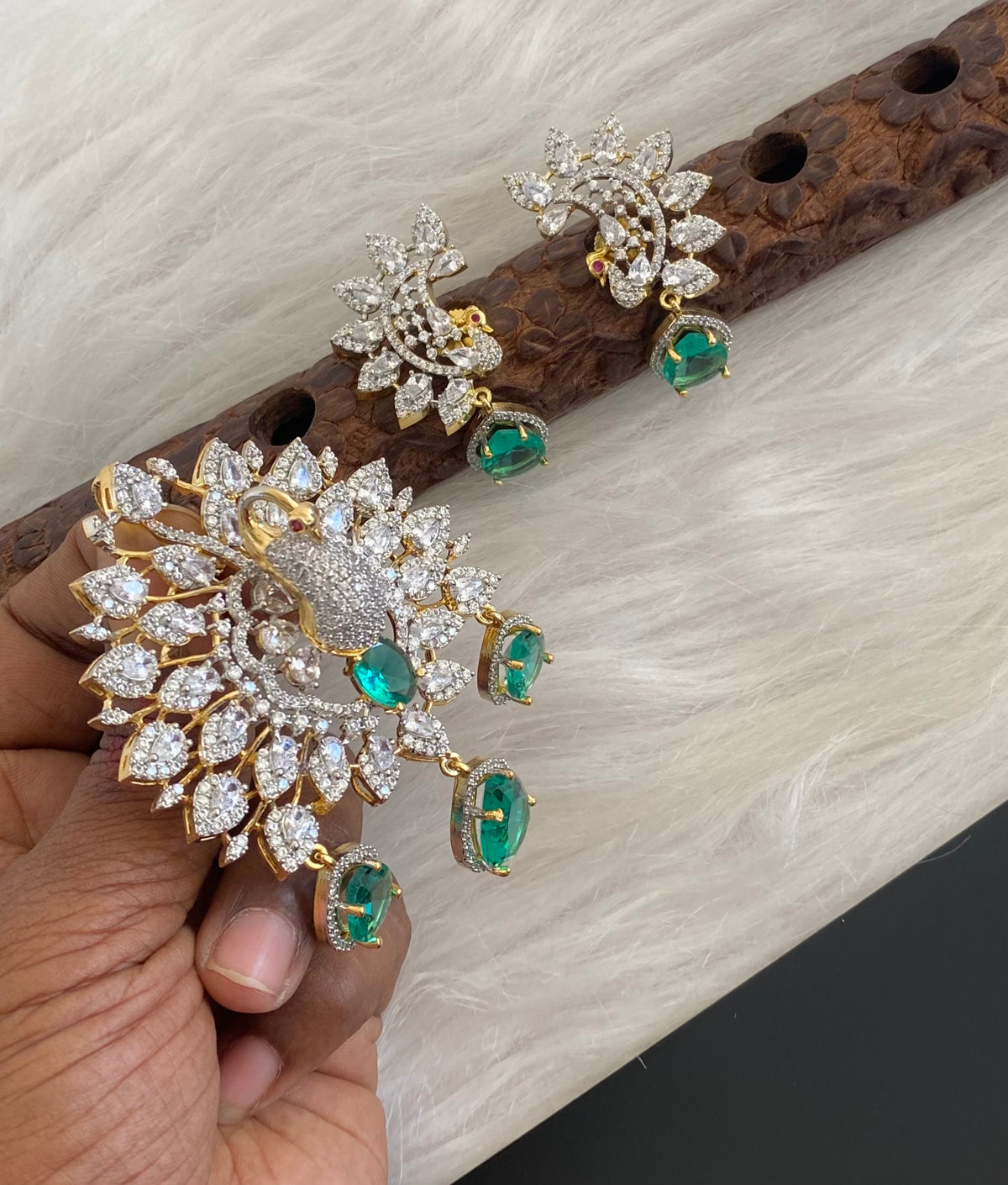 Two tone cz white green peacock pendant set dj-54659