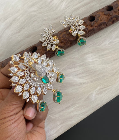 Two tone cz white green peacock pendant set dj-54659