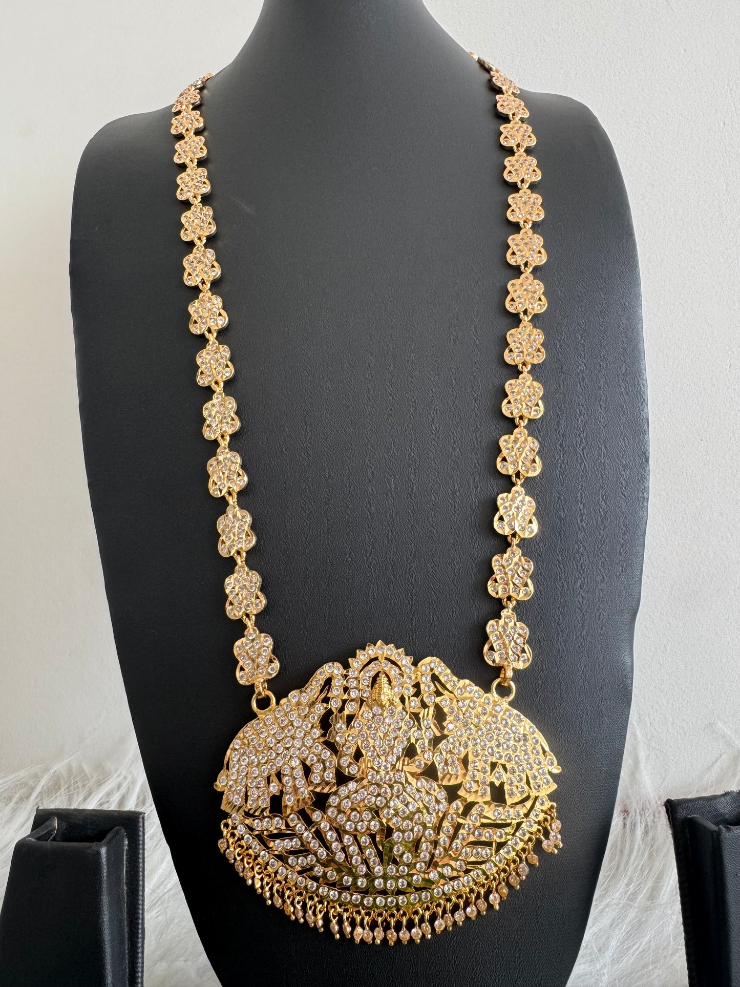 Gold tone south indian style grand AD white gaja lakshmi haar dj-51188