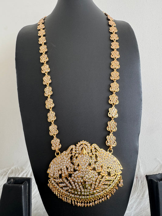 Gold tone south indian style grand AD white gaja lakshmi haar dj-51188