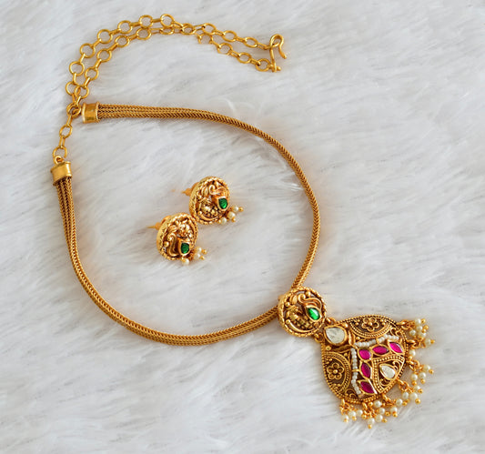 Matte finish pink-green-white kundan jadau peacock choker/necklace set dj-54024