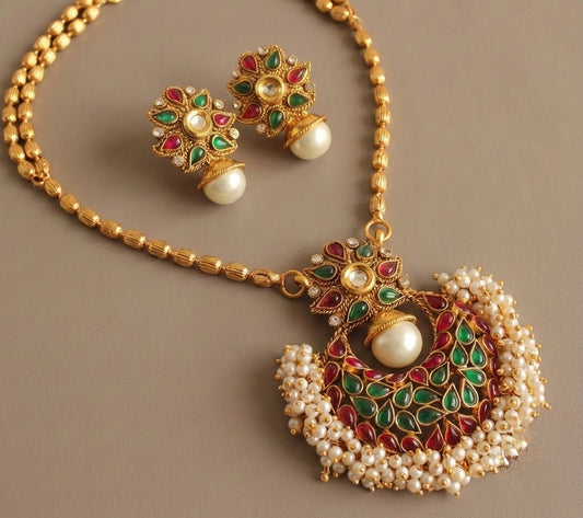Antique gold tone Kemp-green bali pearl cluster necklace set-dj07047