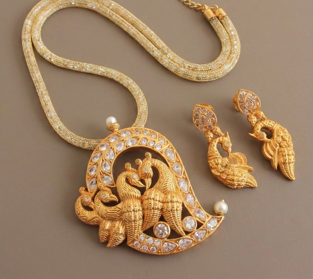 Matte finish white peacock necklace set-dj07222