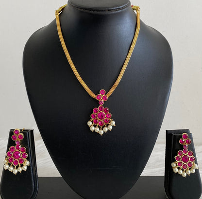 Gold tone AD balaji/rani pink stone pearl attigai flower necklace set dj-55142