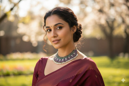 Black finish precious kemp-green pearl poothali necklace dj-52279