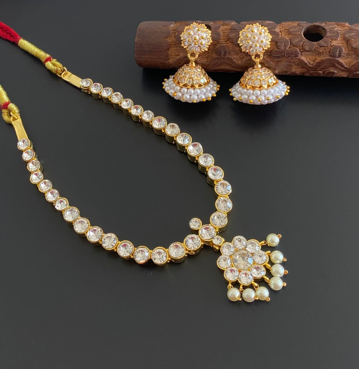 Gold tone AD white stone attigai necklace set dj-55057