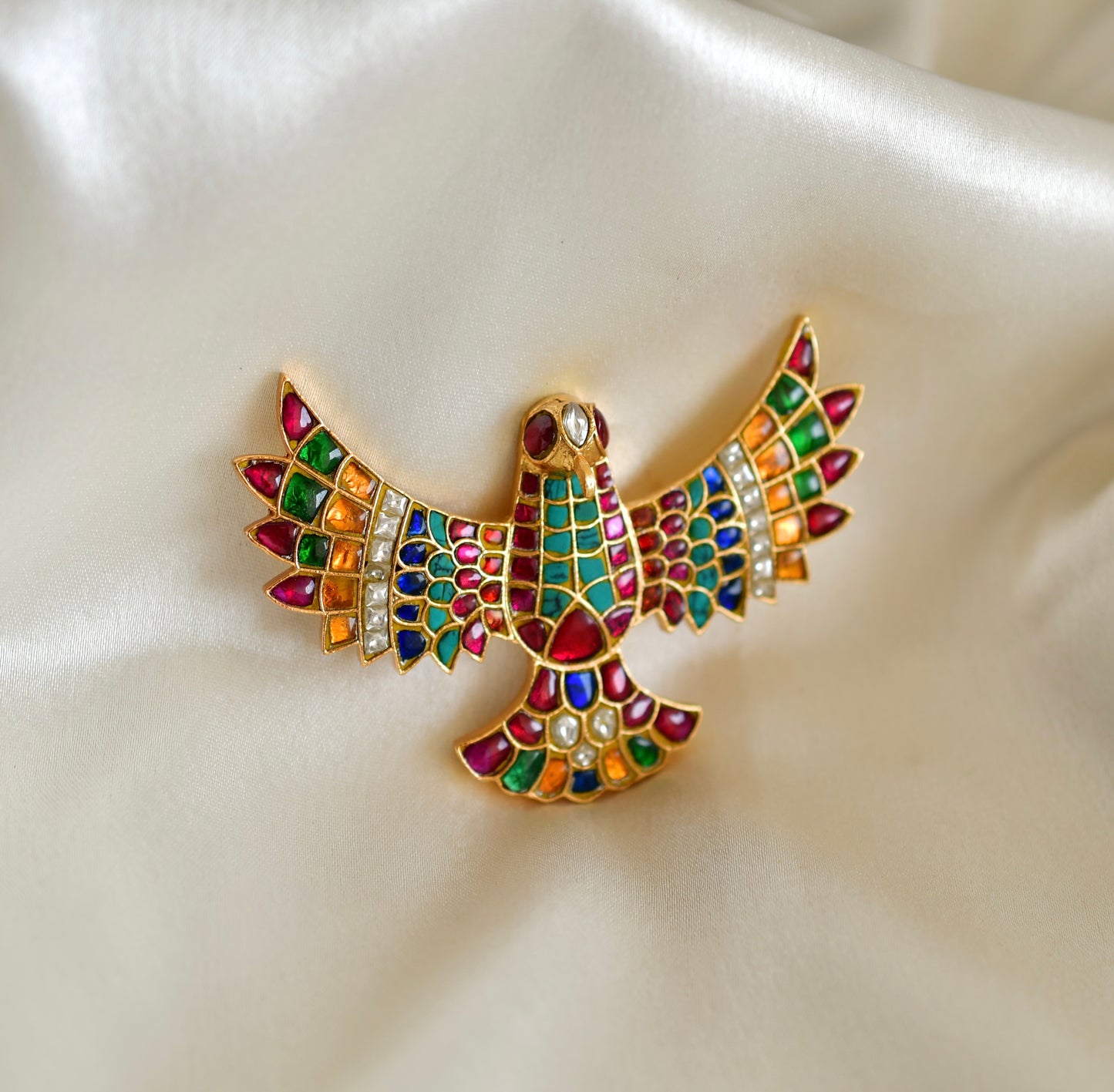 Matte finish Navarathna kundan jadau bird brooch dj-52643