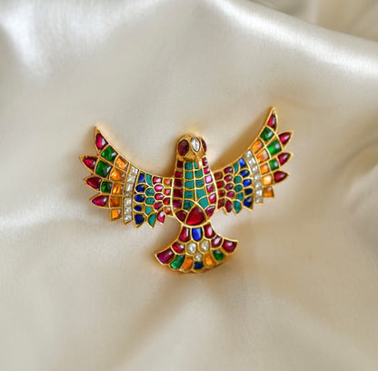 Matte finish Navarathna kundan jadau bird brooch dj-52643