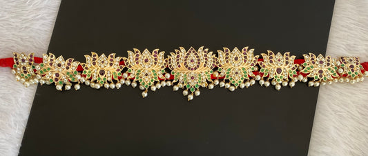 Gold tone precious kemp-green-white pearl lotus waist band dj-53377