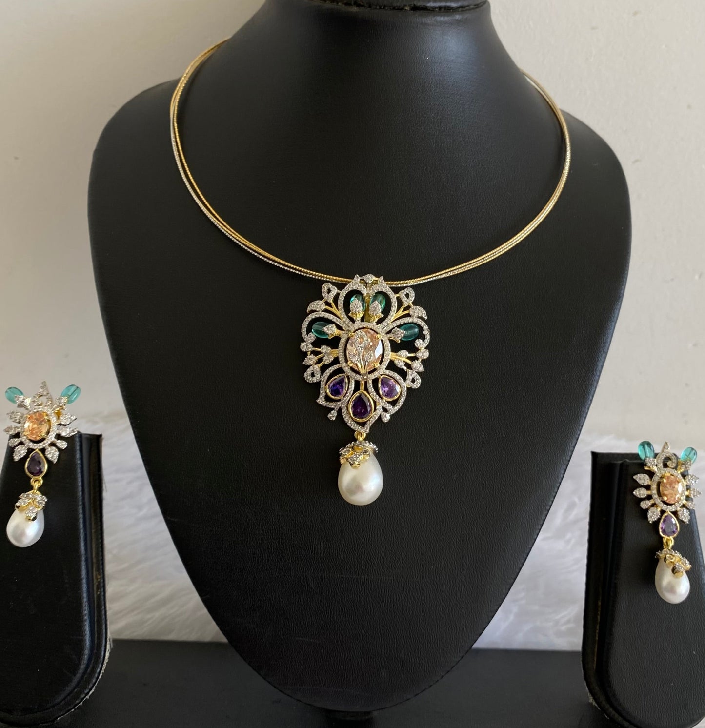 Two tone cz sea green-purple stone pendant set with kanti necklace dj-53998