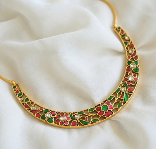 Matte finish pink-green-white kundan jadau Lotus kante necklace dj-36682