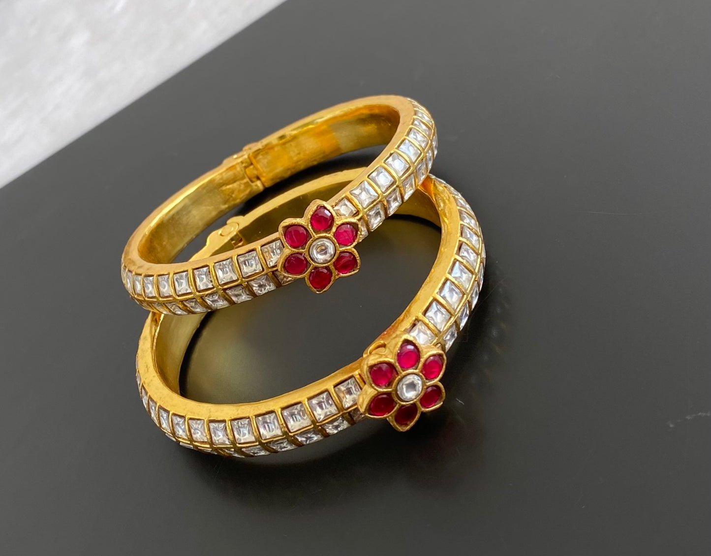 Gold tone kemp-white kundan jadau screw type bangles(2.4) dj-53505