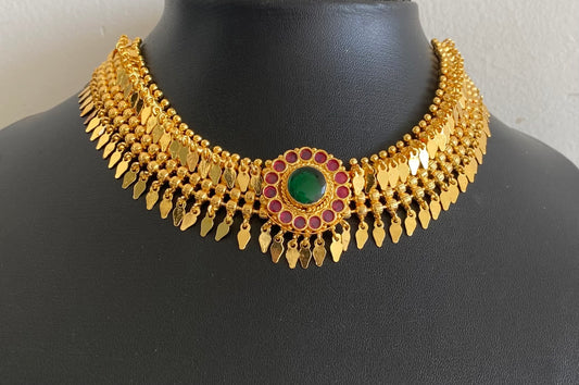 Gold tone kerala style elakka pink-green stone choker necklace dj-54105