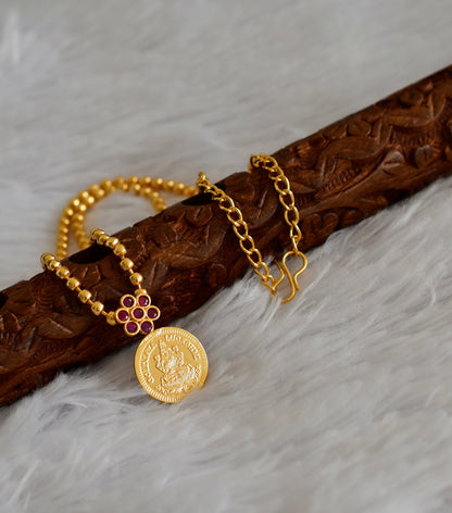 Gold tone kerala style pink stone lakshmi coin necklace dj-51680