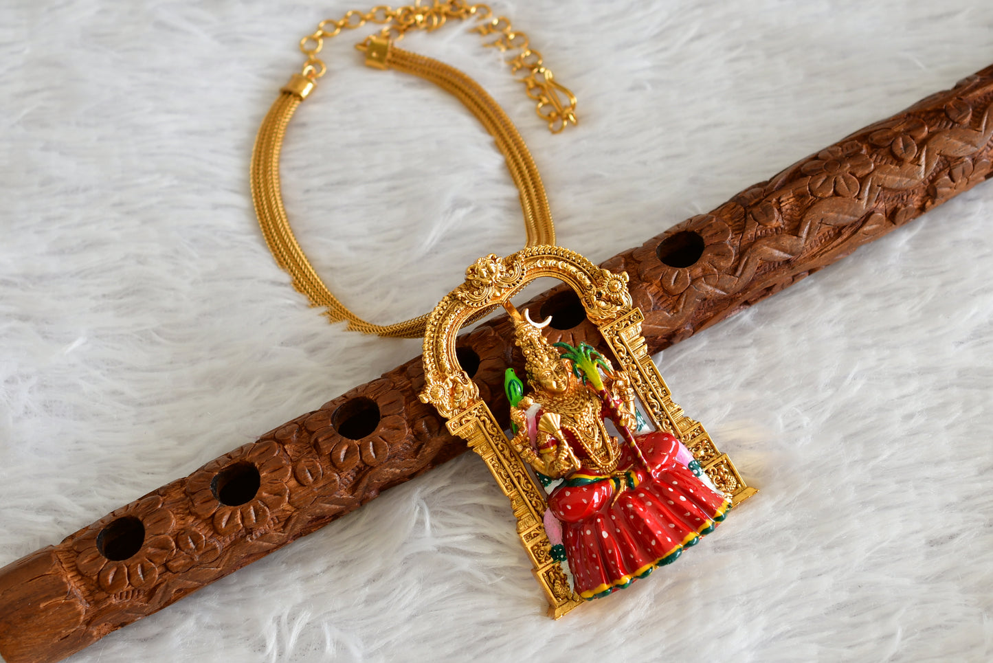 Matte-finish Red-green Meenakari big Ma Kamakshi pendant necklace dj-51815