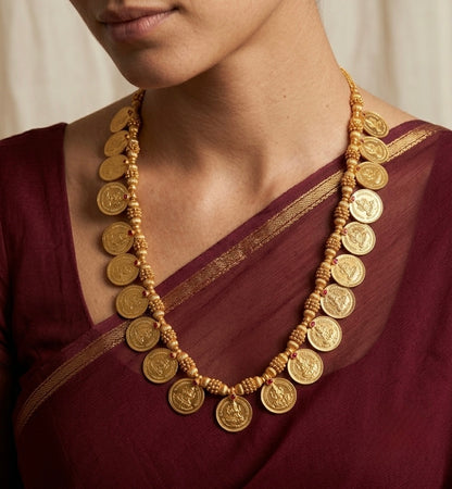 Gold tone pink stone lakshmi coin short haar dj-54490