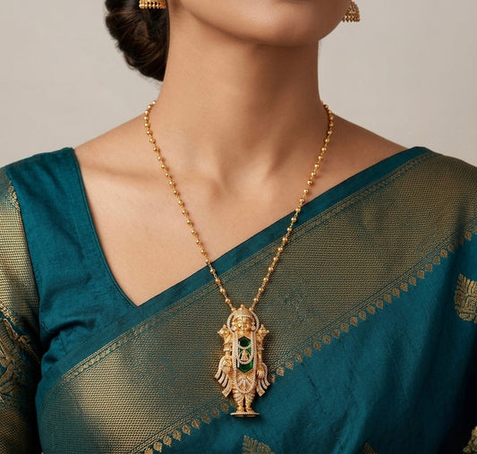 Gold tone 24 inches chain with green Shri Thirumal pendant dj-53251