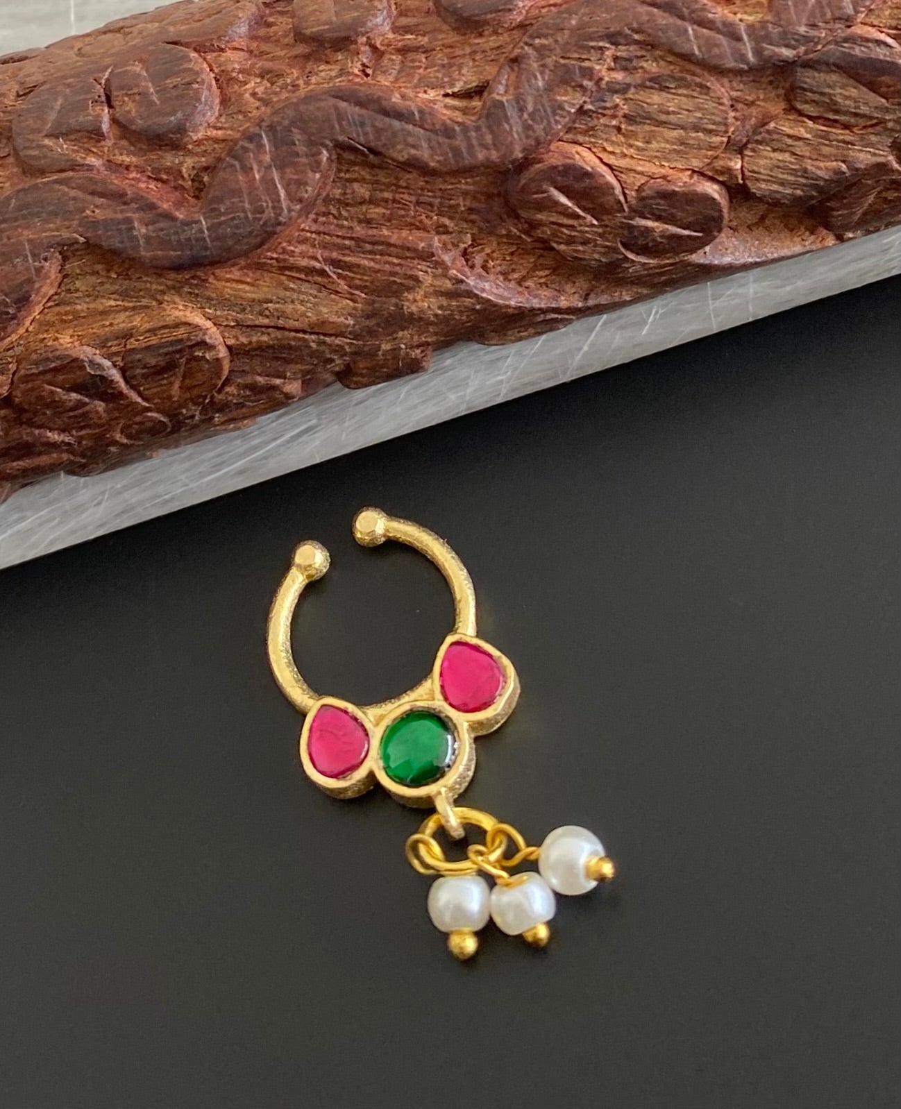 Gold tone kundan jadau pink-green stone pearl nose pin/bulakku dj-53795