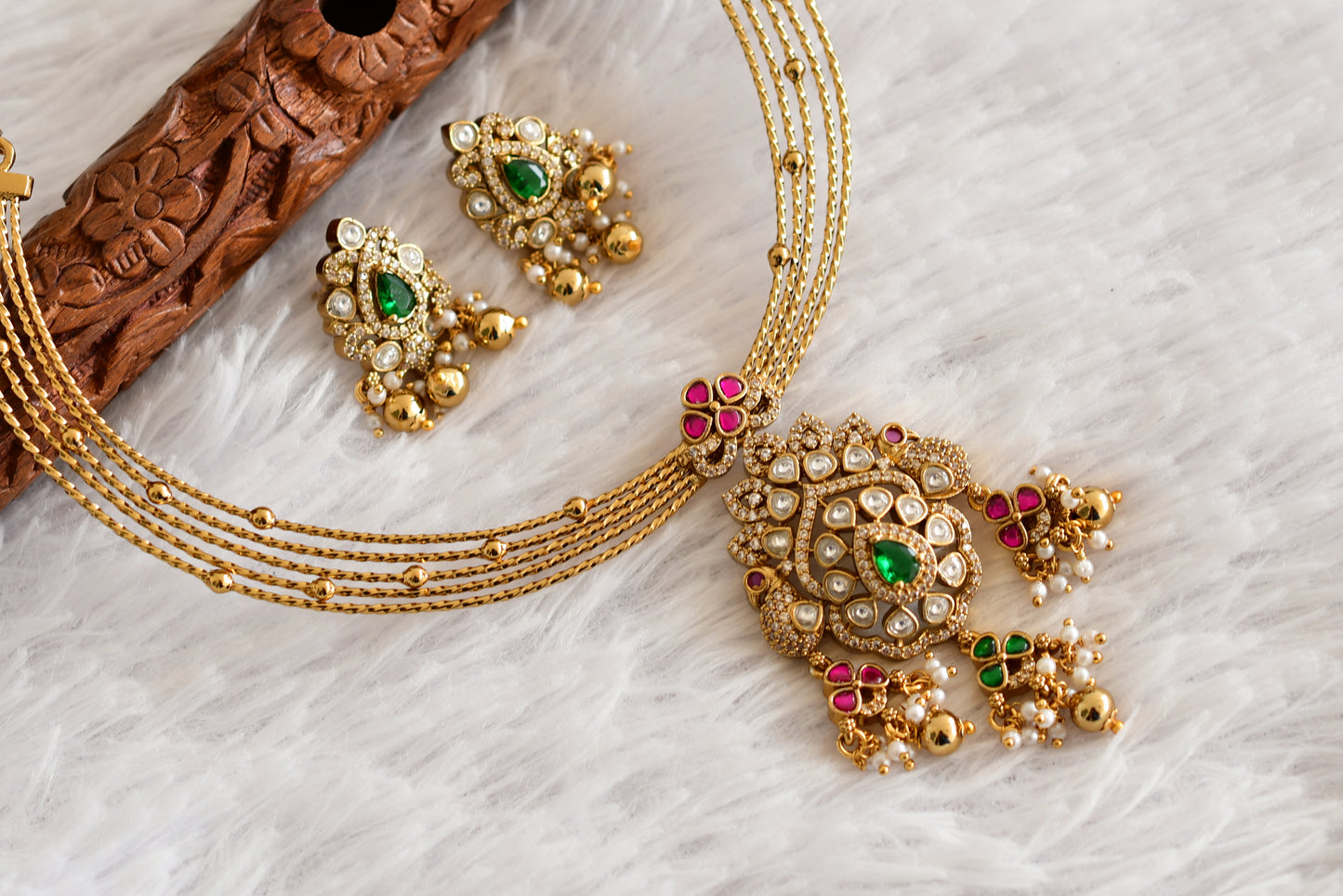 Antique gold tone pink-green kundan jadau kante necklace set dj-52423