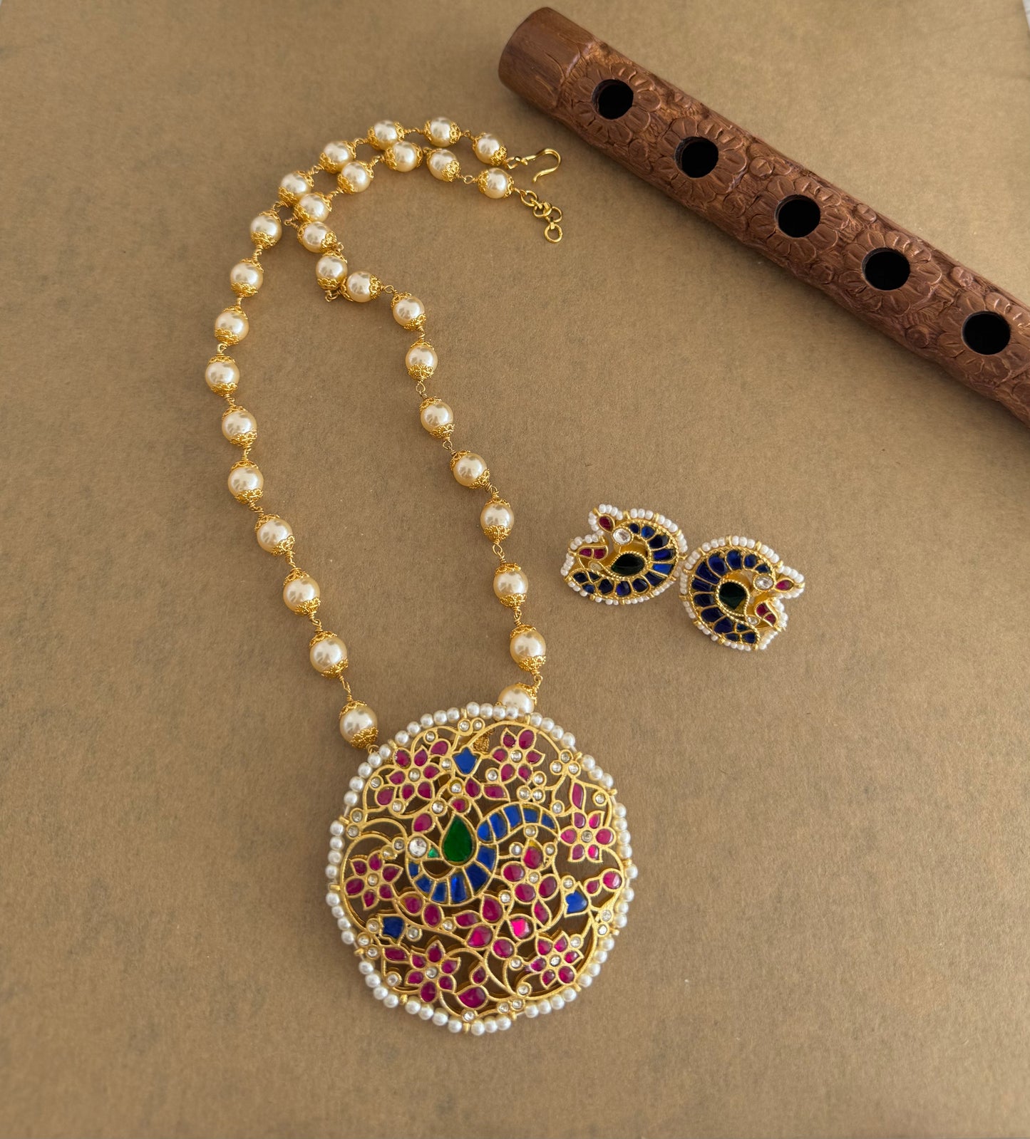 Matte finish multicolor kundan jadau peacock pearl beaded flower necklace set dj-51537