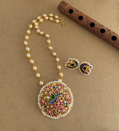 Matte finish multicolor kundan jadau peacock pearl beaded flower necklace set dj-51537